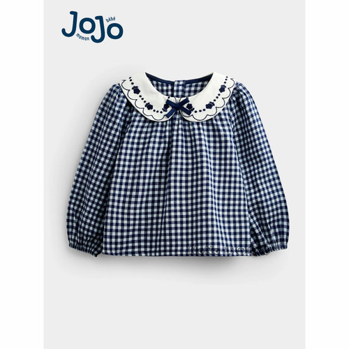 英国Jojo Maman Bebe女童格子娃娃翻领刺绣衬衫衬衣全棉Y93-150