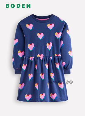 英国Mini Boden女童粉蓝色爱心卫衣裙全棉长袖连衣裙2-12岁G5767