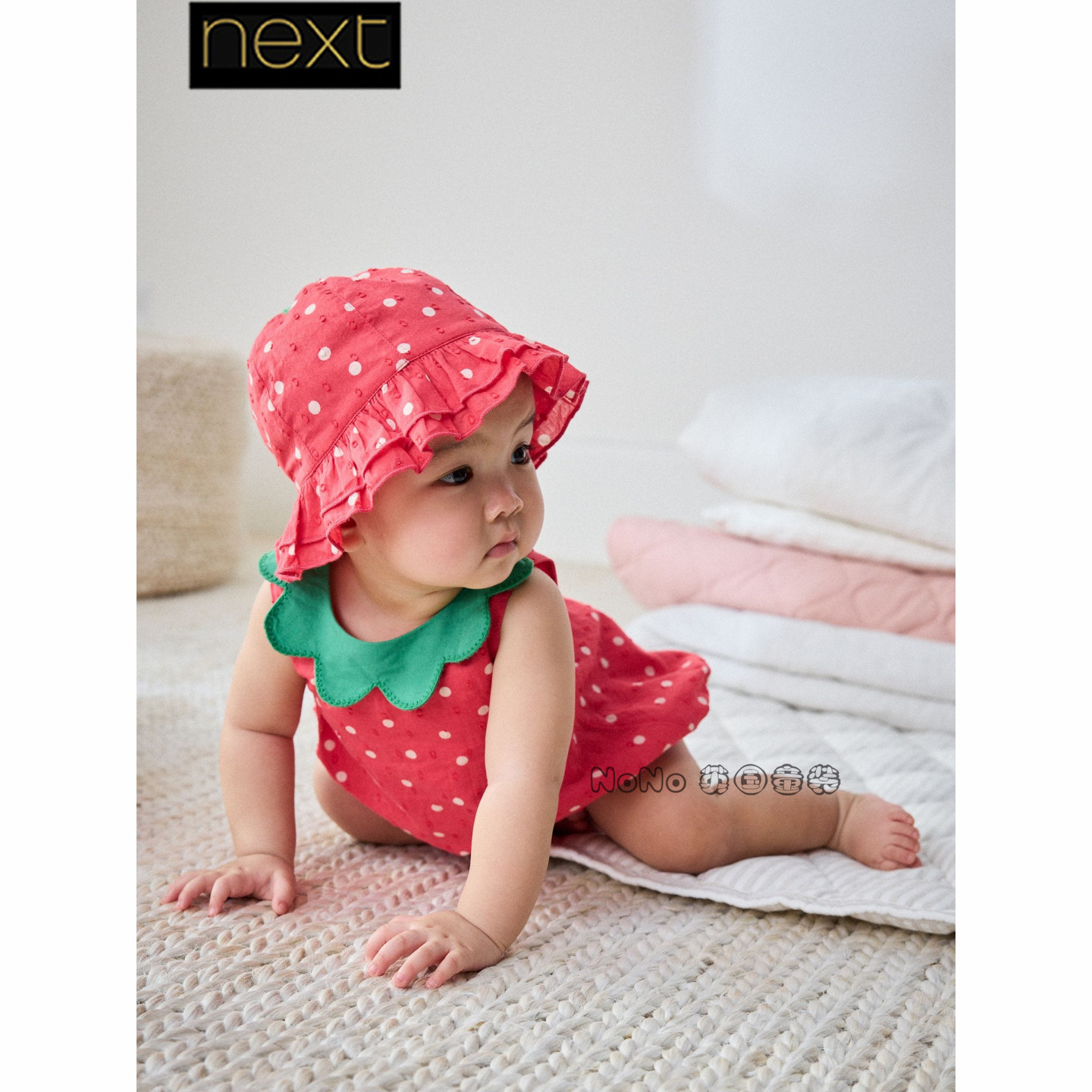 英国Next婴儿红色草莓短袖包屁衣渔夫帽连身套装全棉新款V04-984