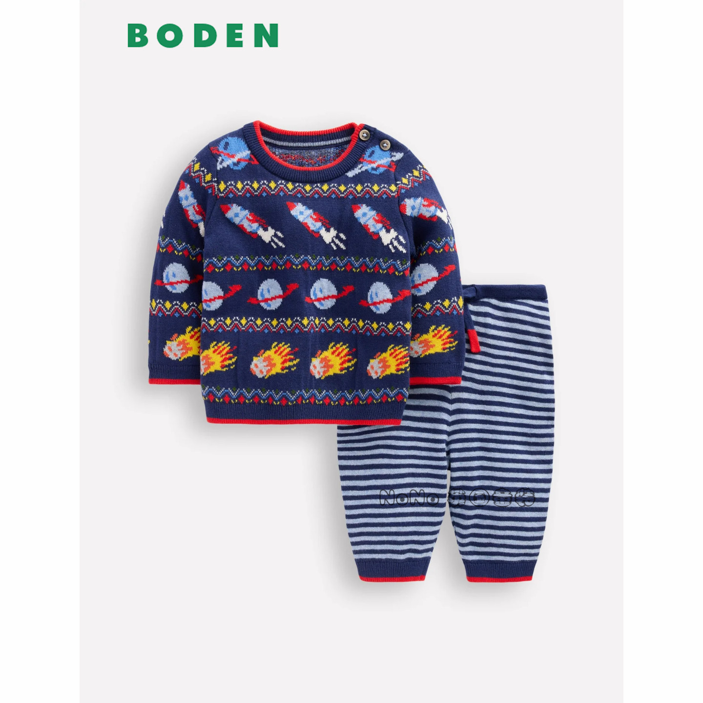英国Baby BODEN婴儿蓝色火箭费尔岛针织毛衣长裤纯棉套装Y2727