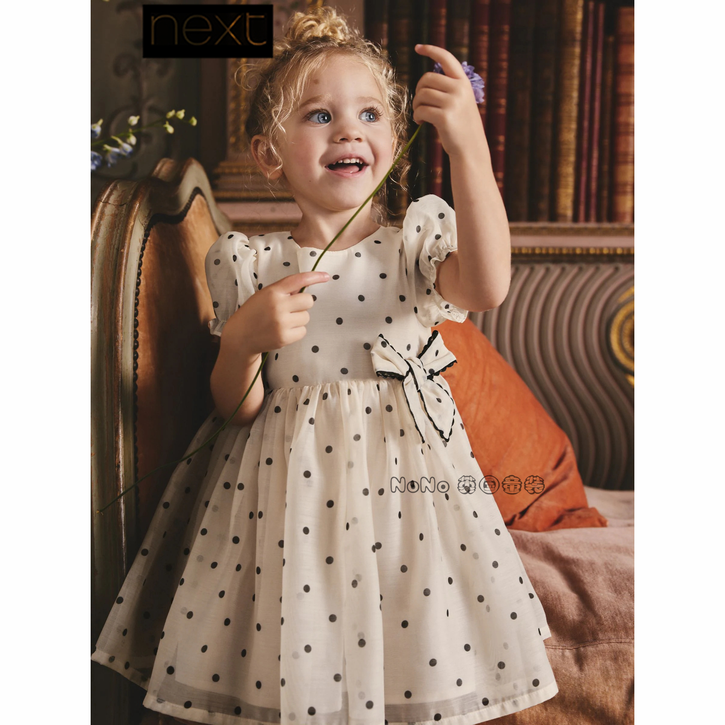 代购英国Next女童米色波点蝴蝶结礼服连衣裙短袖1-8岁新款W66-748