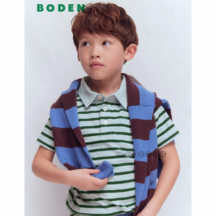 英国Mini BODEN男童绿色条纹百搭POLO衫短袖T恤全棉2-14岁B2979