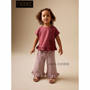 长裤 T恤衫 套装 全棉1 339 英国Next女童正品 7岁H98 红棕色花朵短袖