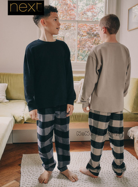 英国Next男大童黑白色格子长袖家居服睡衣裤纯棉3-16岁F33-332