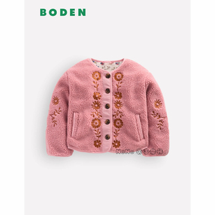 英国Mini BODEN女童粉色刺绣外套毛毛加厚绒衣2-14岁新款G6082