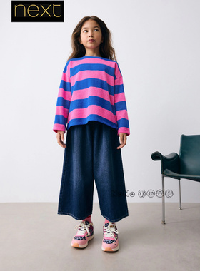 英国Next代购女大童亲子粉蓝色条长袖T恤运动纯棉3-16岁F69-614