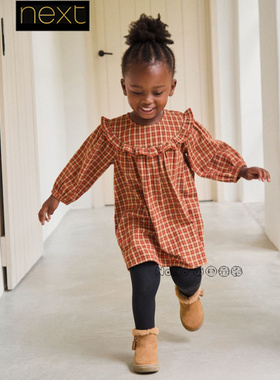 英国Next代购女童橙色格子纯棉连衣裙长袖1-8岁春秋荷叶边W31-350
