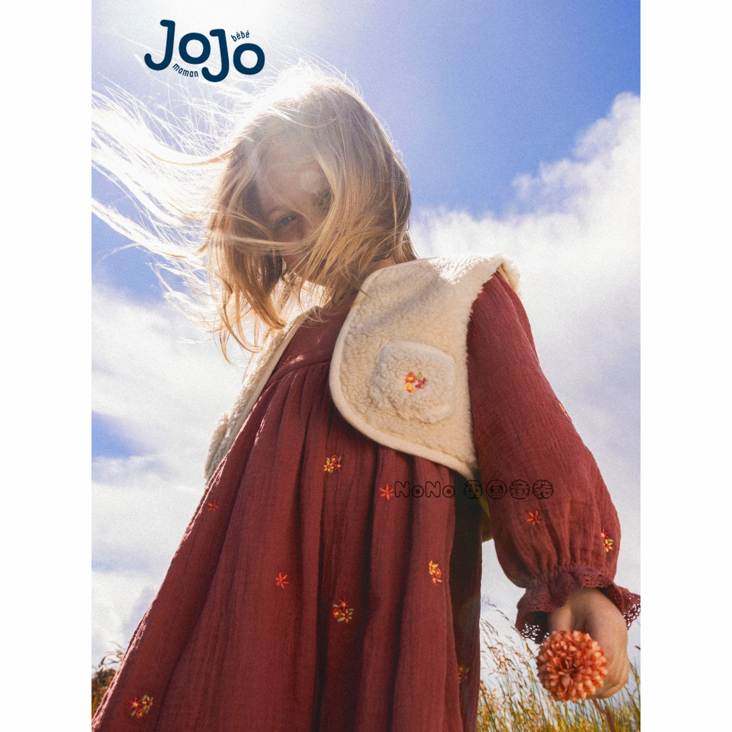 英国JOJO Maman Bebe女童毛毛马甲刺绣花朵连衣裙套装G44-060