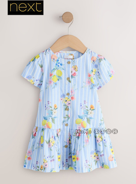 代购英国Next女童蓝色柠檬碎花连衣裙短袖1-8岁新款全棉V01-450