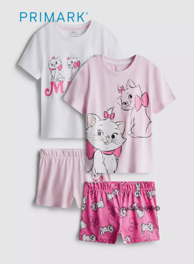 代购英国Primark女童白粉色玛丽猫咪短袖家居服睡衣裤纯棉1-8岁