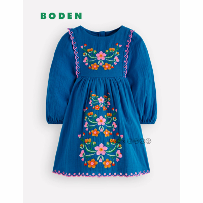 英国Mini Boden女童蓝色花朵刺绣长袖连衣裙全棉新款2-12岁G6001