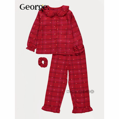 英国乔治George女童新年红色格子长袖家居服睡衣裤1-14岁1454414