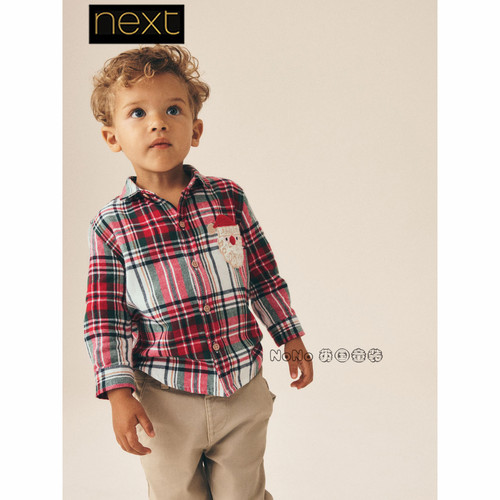 英国Next正品男童红色圣诞老人格子长袖衬衫0-7岁全棉新款G99-948