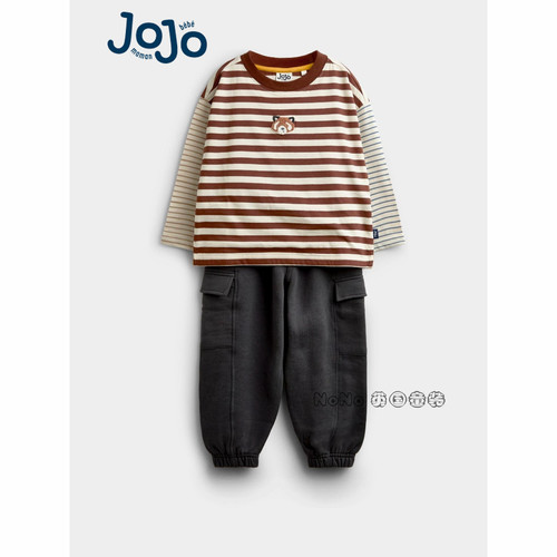 英国JOJO Maman Bebe儿童浣熊条纹T恤运动工装长裤套装Y71-526