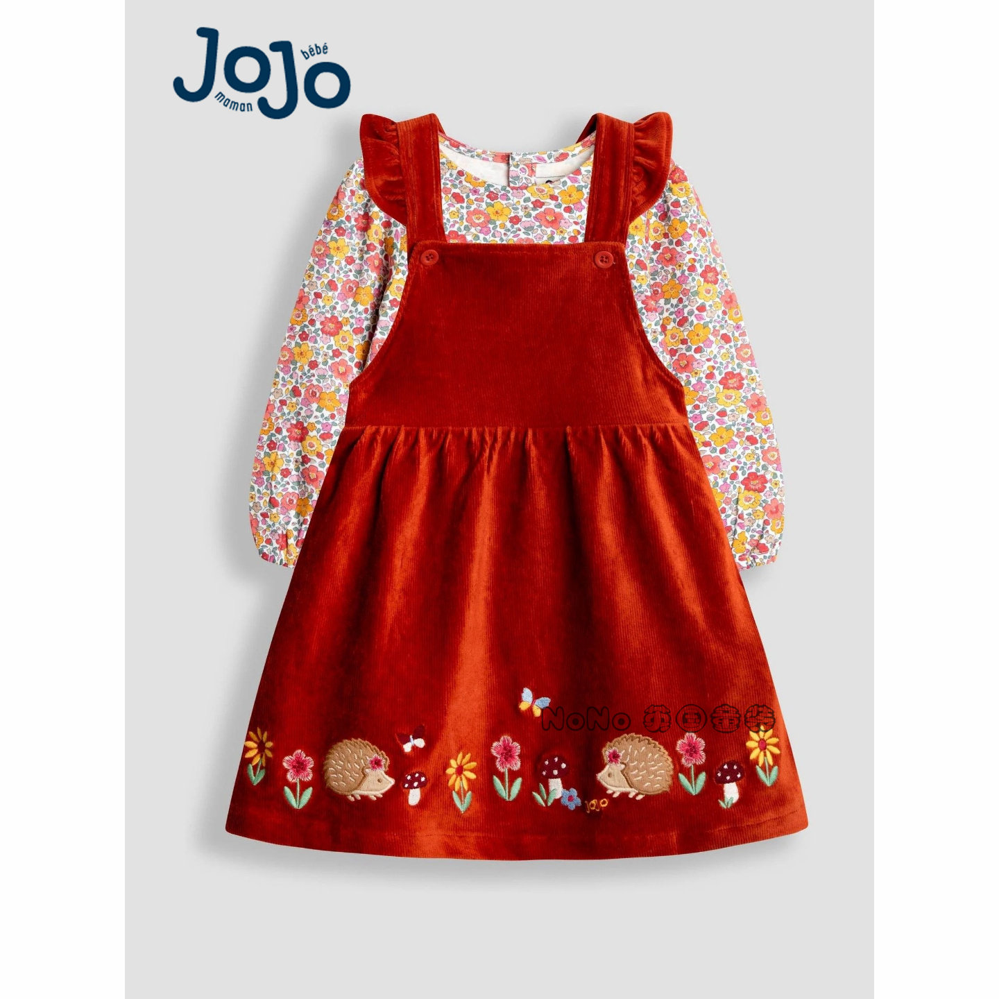英国JOJO Maman Bebe女童刺猬碎花刺绣T恤背带裙套装1-6岁F86-090
