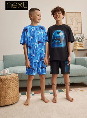 英国Next男大童蓝黑色怪兽滑板家居服短袖睡衣裤棉5-14岁Y05-932