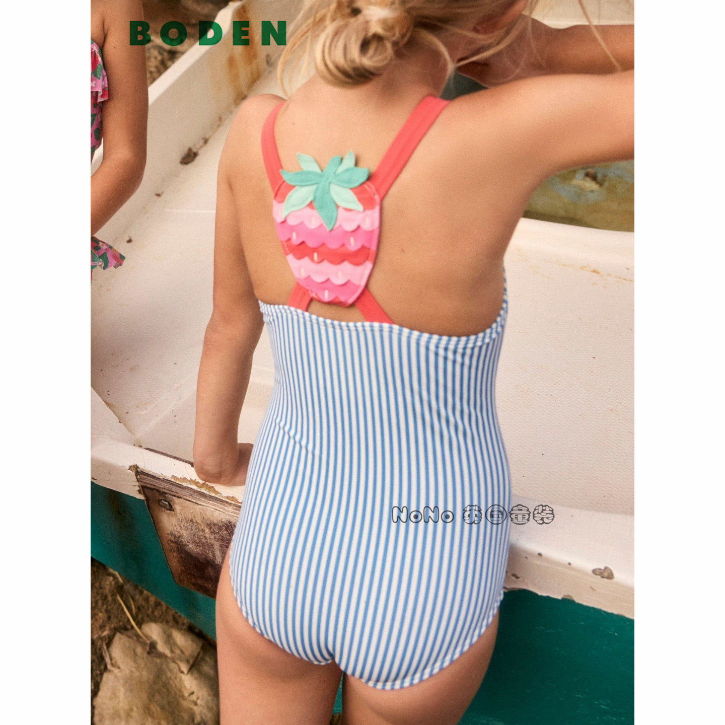 英国Mini BODEN正品代购立体草莓条纹蓝色吊带连体泳衣温泉5-12岁