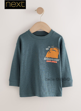代购英国Next男童蓝橙色恐龙撞色纯棉长袖T恤衫圆领1-7岁F59-427
