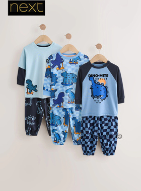 英国Next正品男童蓝色恐龙格子T恤长袖家居服睡衣秋裤纯棉AC0-927