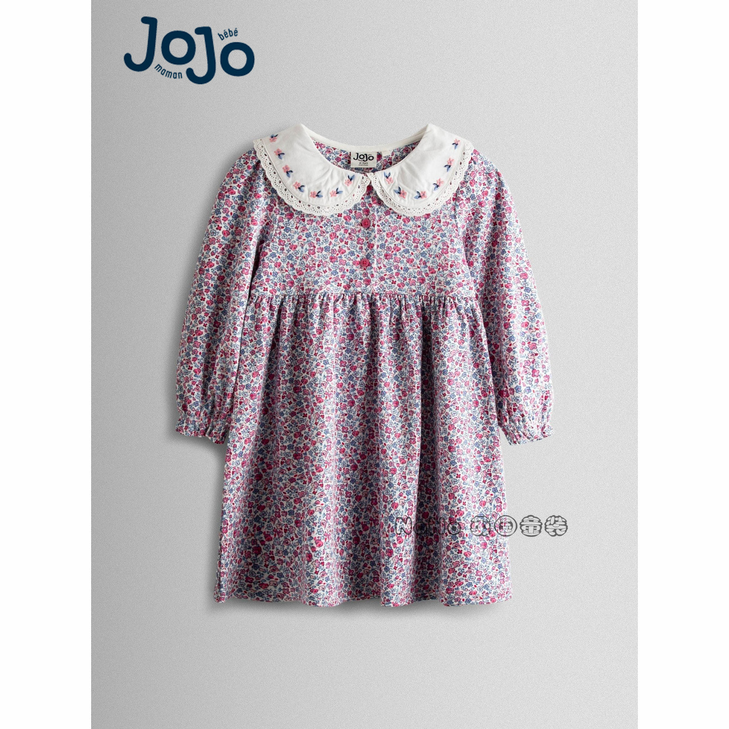 英国JoJo Maman Bebe女童粉红色小碎花翻领刺绣长袖连衣裙F87-397