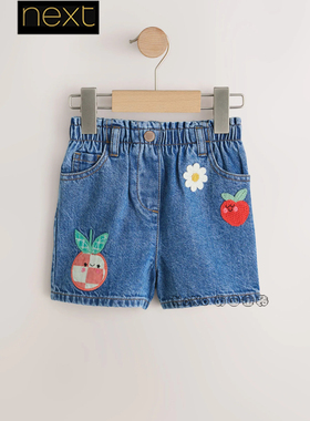 英国Next正品代购女童蓝色牛仔短裤刺绣草莓1-7岁全棉新款H51-498