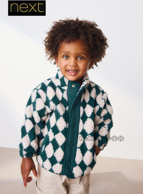 英国Next正品代购男童绿色格子羊羔毛外套加厚纯棉内衬F60-310
