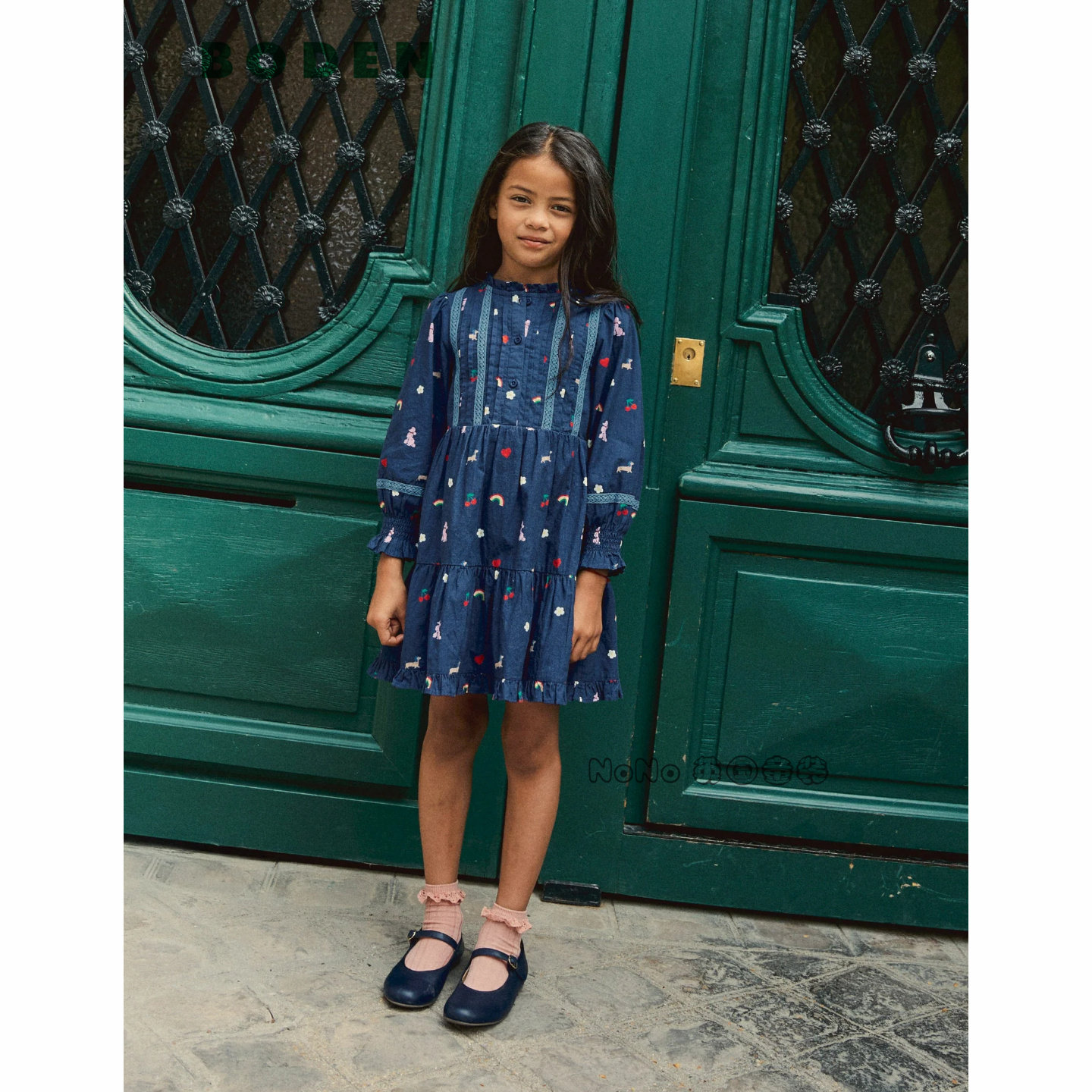 英国Mini Boden女童深蓝色彩虹小狗长袖连衣裙纯棉2-12岁G5659