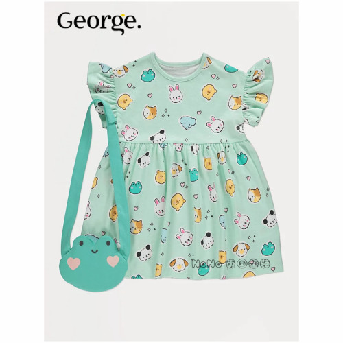 英国乔治George女童绿色小熊青蛙兔短袖连衣裙斜挎包全棉1404733