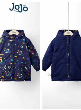 代购英国JoJo Maman Bebe男童火箭蓝色双面穿棉服外套加厚F34-880