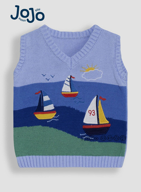 英国JoJo Maman Bebe男童蓝色帆船V领马甲毛衣针织衫纯棉AU0-449