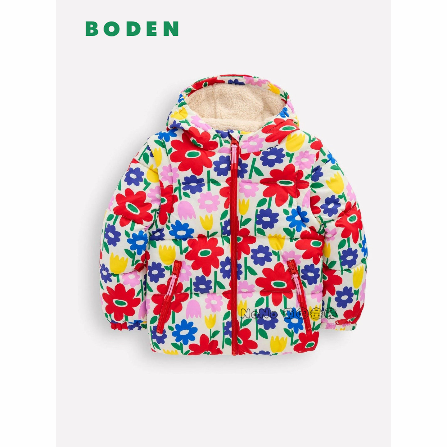 代购英国Mini BODEN女童粉色碎花可拆马甲外套羊羔毛棉服加厚棉衣