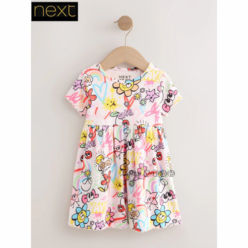 英国Next正品代购女童太阳花涂鸦印花彩虹连衣裙纯棉短袖G01-746