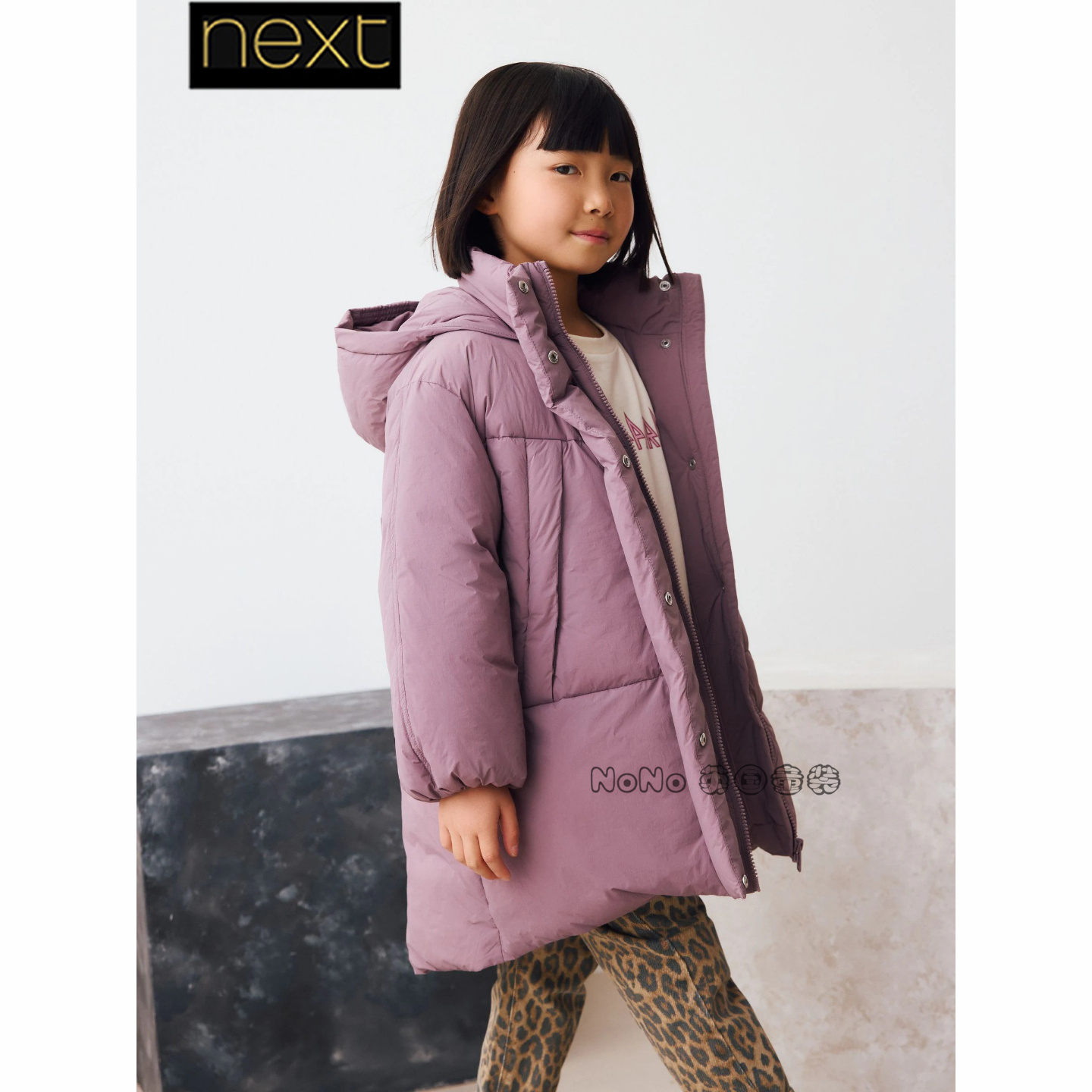 英国Next女大童亲子紫色外套加厚中长款棉服防雨雪3-16岁AN6-408