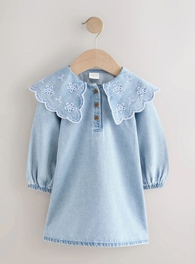 英国Next正品代购女童浅蓝色牛仔长袖连衣裙纯棉翻领刺绣F16-799