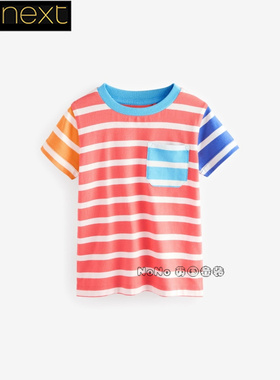 英国Next正品代购儿童纯棉红色条纹撞蓝短袖T恤运动衫E63-784