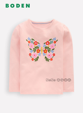 代购英国Mini BODEN女童粉色蝴蝶绣花长袖T恤纯棉2-12岁G5626-PNK