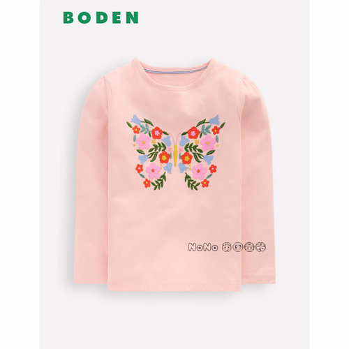 代购英国Mini BODEN女童粉色蝴蝶绣花长袖T恤纯棉2-12岁G5626-PNK