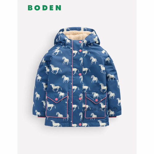 代购英国Mini BODEN女童蓝色马外套羊羔毛棉服加厚风衣G5564