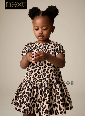 代购英国Next女童咖色豹纹印花连衣裙短袖1-8岁新款全棉H59-942