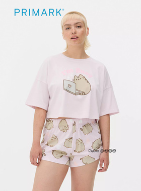 代购英国Primark女款成人大童粉色猫咪短袖家居服睡衣裤纯棉