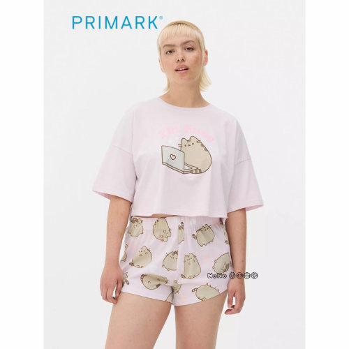 代购英国Primark女款成人大童粉色猫咪短袖家居服睡衣裤纯棉