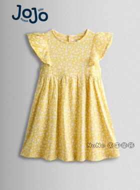 英国JoJo Maman Bebe女童黄色小碎花飞袖全棉连衣裙1-9岁Y16-466