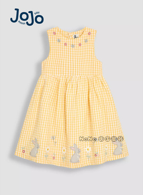 现货英国JoJo Maman Bebe正品女童黄色格子小兔刺绣连衣裙纯棉