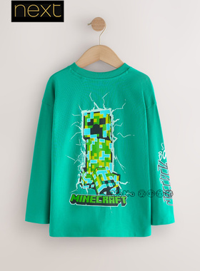 英国Next男大童款亲子绿色我的世界长袖T恤纯棉3-16岁圆领F95-825