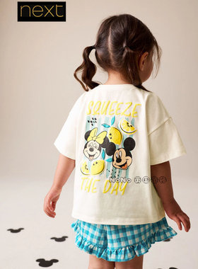 英国Next正品女童米妮米奇白色格子短袖T恤短裤套装1-7岁H58-152
