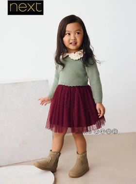 英国Next女童绿色娃娃领刺绣针织毛衣网纱半裙套装1-7岁AV7-986
