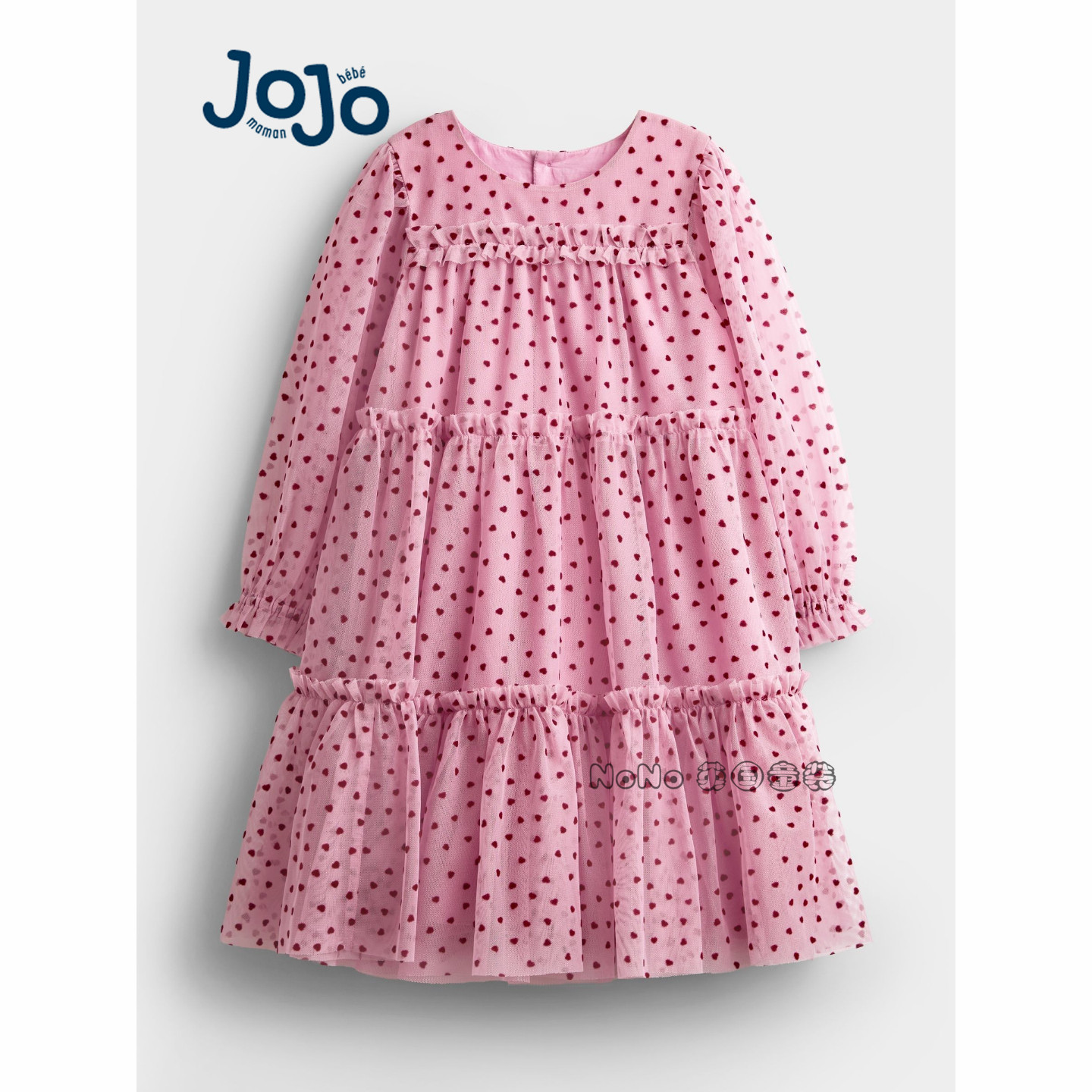 英国JoJo Maman Bebe女童粉色网纱长袖宴会连衣裙全棉新款M91-219