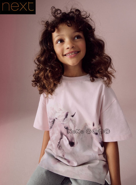 英国Next正品女大童亲子紫色大马OVER长款纯棉短袖T恤运动N24-057