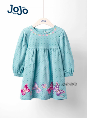 英国JoJo Maman Bebe女童绿色蝴蝶刺绣长袖连衣裙棉1-7岁F87-372