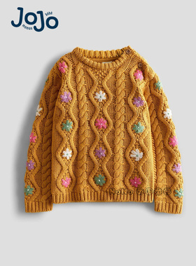 英国JoJo Maman Bebe女童黄色刺绣花毛衣针织衫1-9岁纯棉F78-634